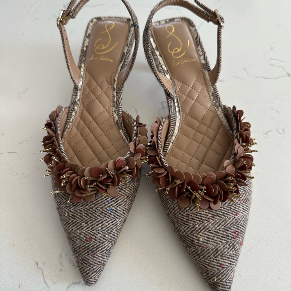Sam Edelman Brown Tweed Floral Slingback Heels